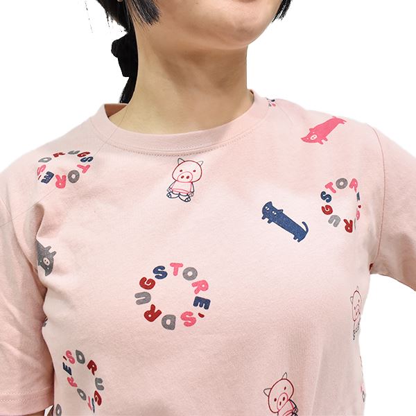 drug store's 20/-OE天竺 前身ロゴリング総柄プリント Tシャツ