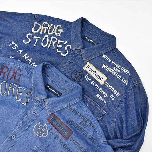 drug store's 6.5oz ライトデニム ペイントデザイン エルボーパッチ シャツ ジャケット