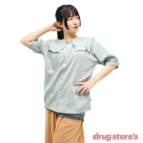 drug store's Cボイル ビッグスクエアカラー ５分袖 ブラウス シャツ(3 91 サックス): トップス drug  store'sWEB（ドラッグストアーズウェブ）