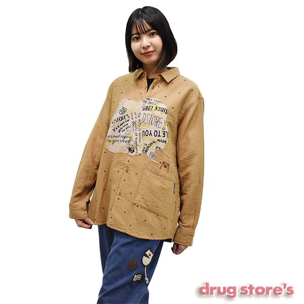 drug store's 二重織ツイル 前身ドットプリント ロゴ柄フキダシパッチ 長袖 シャツ ジャケット