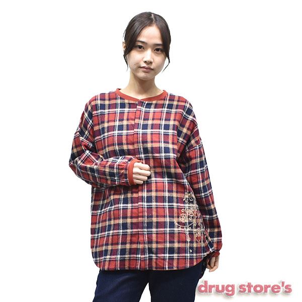 drug store's 10/-スラブチェック リブ衿 刺繍 ドロップショルダー ブラウス