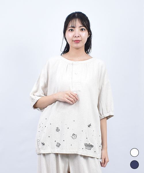 drug store's ホップサップ 裾刺繍 衿ぐり袖口ギャザー シャツ
