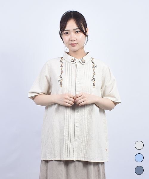 drug store's シャンブレー 前ピンタック 前立て＆衿花刺繍 シャツ