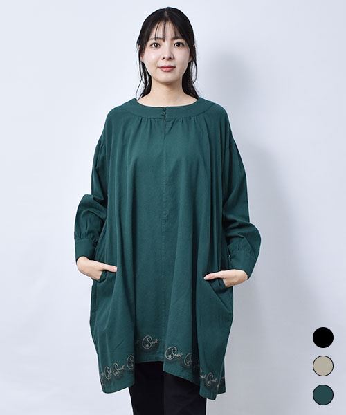 drug store's ピケシャンブレー起毛 衿ぐり 裾刺繍 ギャザー チュニック