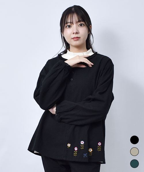 drug store's ピケシャンブレー起毛 フリル衿 花刺繍 ブラウス