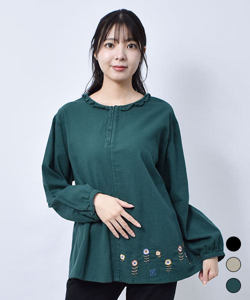 drug store's ピケシャンブレー起毛 フリル衿 花刺繍 ブラウス