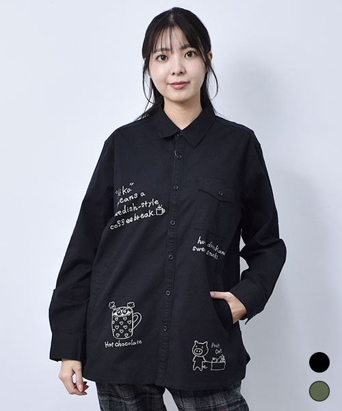 drug store's ひじ当てつき ロゴ&ブタプリント シャツ