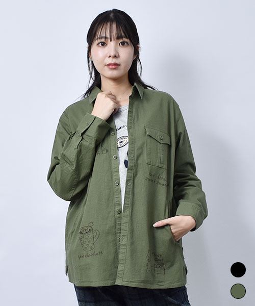 drug store's ひじ当てつき ロゴ&ブタプリント シャツ