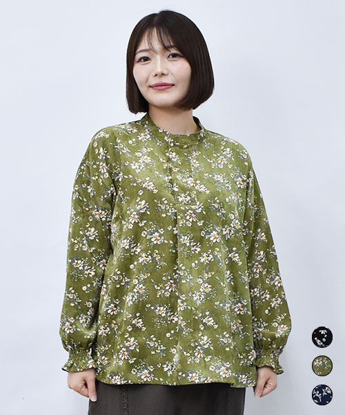 drug store's 花柄 コーデュロイ スタンドカラー プルオーバー ブラウス