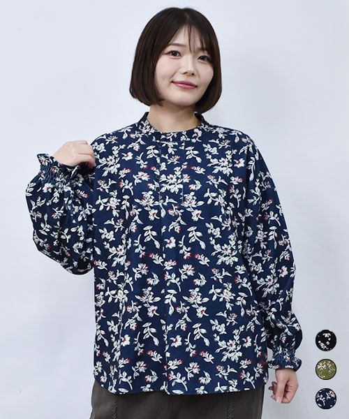 drug store's 花柄 コーデュロイ スタンドカラー プルオーバー ブラウス