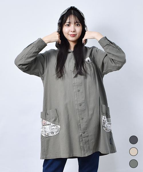 【パーカー】 総柄ハギハギ パーカー チュニック