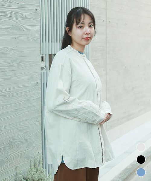 【シャツ】 フリル 刺繍 シャツ