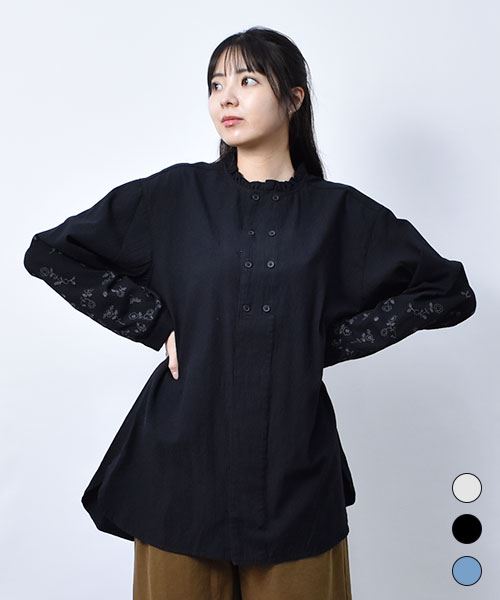 【シャツ】 フリル 刺繍 シャツ