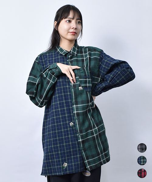 【チュニック】 スリットチェック シャツ チュニック
