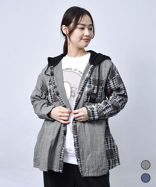 【パーカー】 千鳥チェック パーカー チュニック