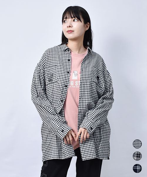 【シャツ】 ぶた刺繍 シャーリング チェック シャツ
