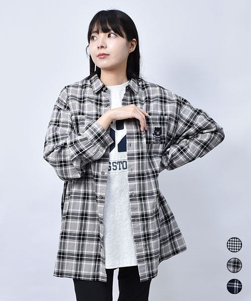 【シャツ】 ぶた刺繍 シャーリング チェック シャツ