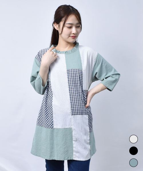 【チュニック】 衿フリル ハギハギ チュニック
