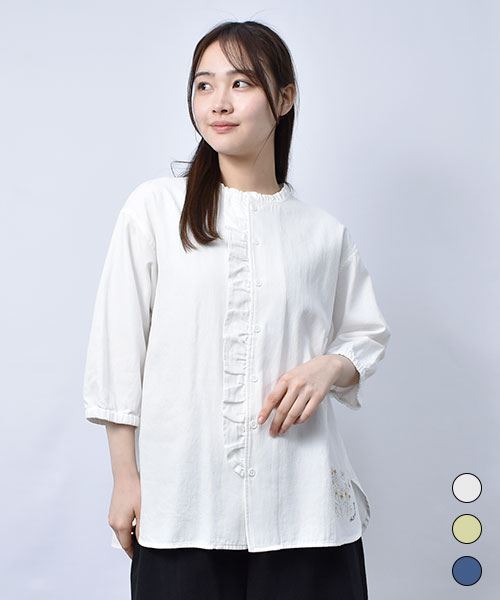 【シャツ】 7分袖 フリル デニム シャツ
