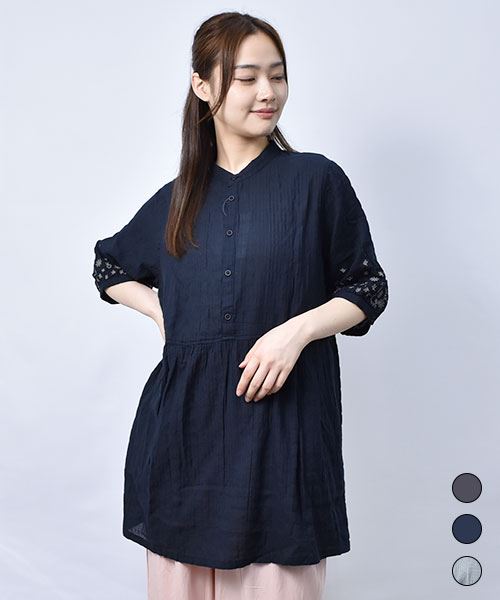 【チュニック】 袖刺繍 5分袖 チュニック
