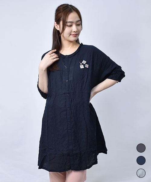 【チュニック】 ワッペン&フリル 5分袖 チュニック