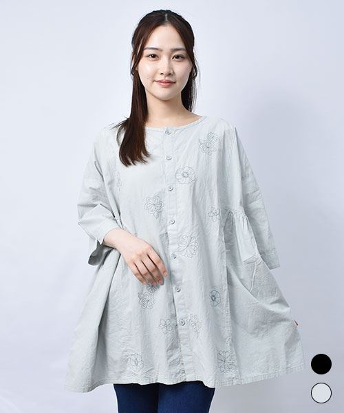 【シャツ】 花刺繍 切替 BIG シャツ
