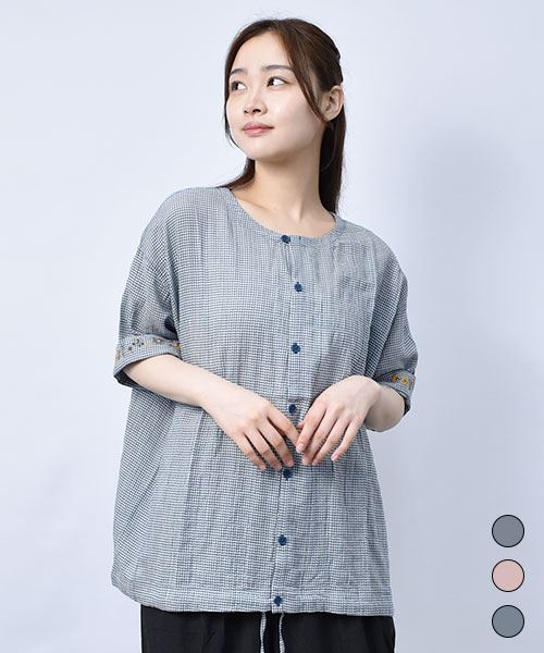 【シャツ】 袖刺繍 チェック シャツ