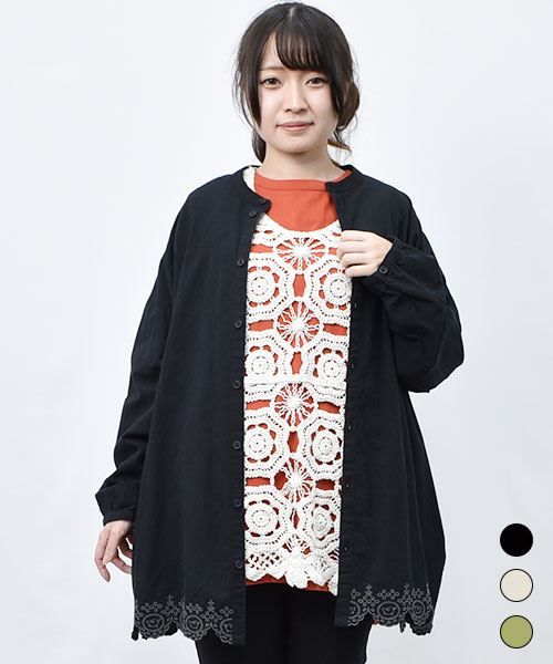 【チュニック】 スカラップ刺繍 ジャガード格子 チュニック
