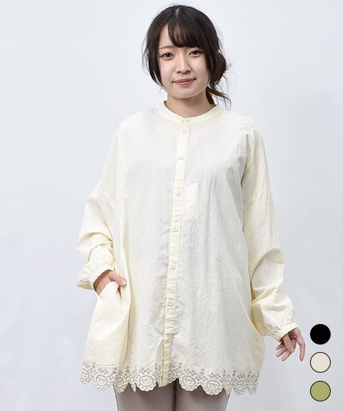 【チュニック】 スカラップ刺繍 ジャガード格子 チュニック