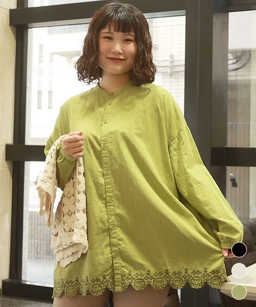 【チュニック】 スカラップ刺繍 ジャガード格子 チュニック