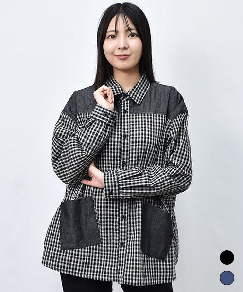 【シャツ】 サッカーチェック×デニム 切替 シャツ