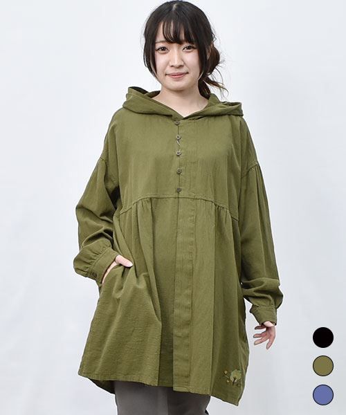 【パーカー】 シャツチュニック ボタン パーカー