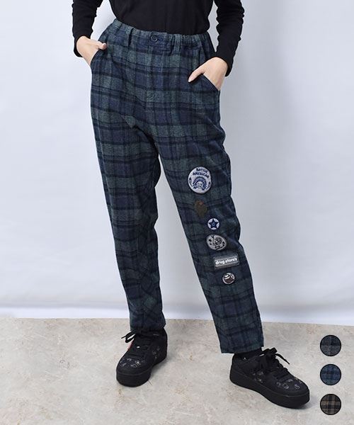 drug store's ワッペンつき 切替 チェック パンツ