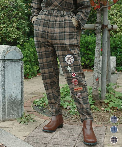 drug store's ワッペンつき 切替 チェック パンツ