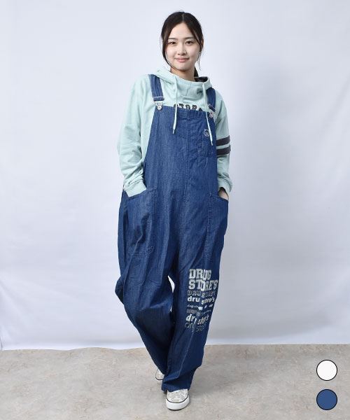 【オーバーオール】 プリント デニム オーバーオール