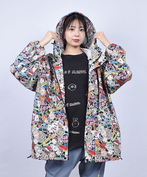 mof manul 袖太 総柄プリント 裾ドロスト パーカー