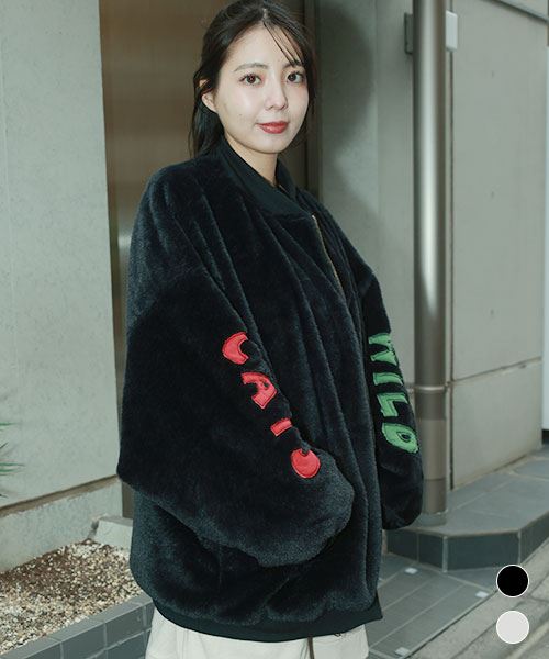 mof manul フェイクファー フワフワ 袖ロゴワッペン BIG ブルゾン