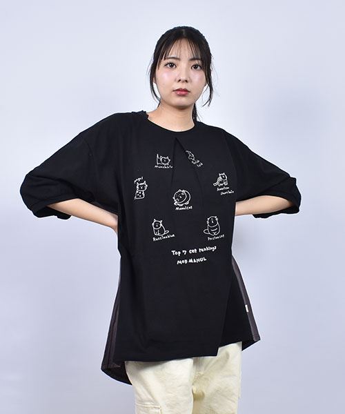 mof manul 衿レース ネコプリント フロントタック バック布帛切り替え 5部袖Tシャツ