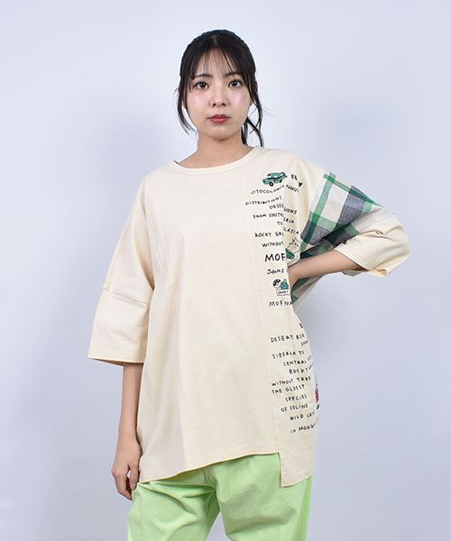 mof manul ロゴプリント チェック切り替え ヘムカット 5部袖Tシャツ