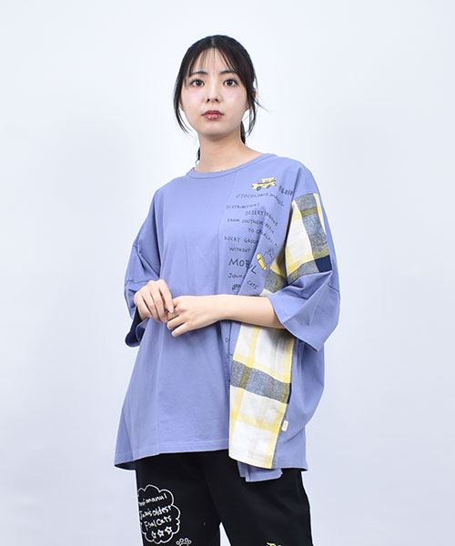mof manul ロゴプリント チェック切り替え ヘムカット 5部袖Tシャツ