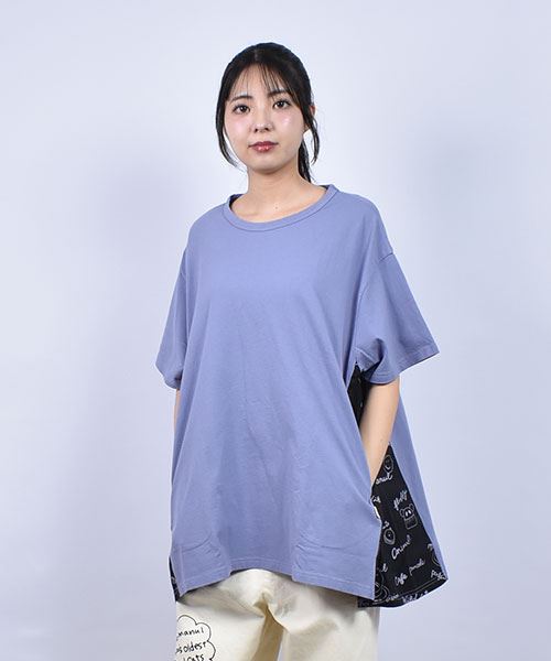 mof manul 脇布帛切り替え ロゴ＆ネコプリント AラインTシャツ