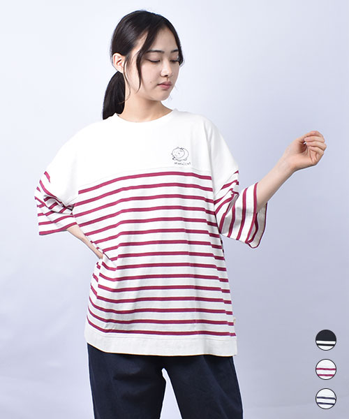 mof manul 16/-OE天竺 ボーダー 半袖 後ろネコプリント Tシャツ