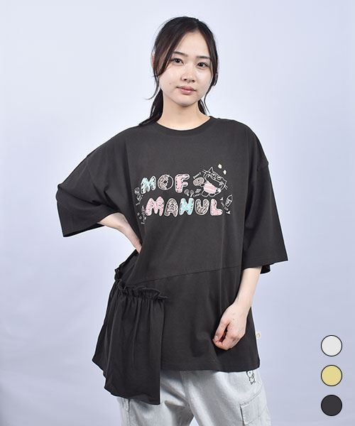mof manul 20/-OE度詰め天竺 マヌルネコ＆お菓子プリント フリルつき ヘムライン 5部袖Tシャツ