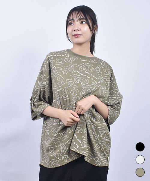 mof manul 20/-OE度詰め天竺 リブ衿 総柄プリントT
