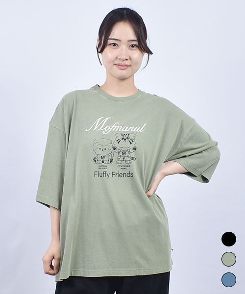 mof manul 20/OE度詰め天竺 リブ衿 マヌルネコ＆アラスカンマラミュートプリントT