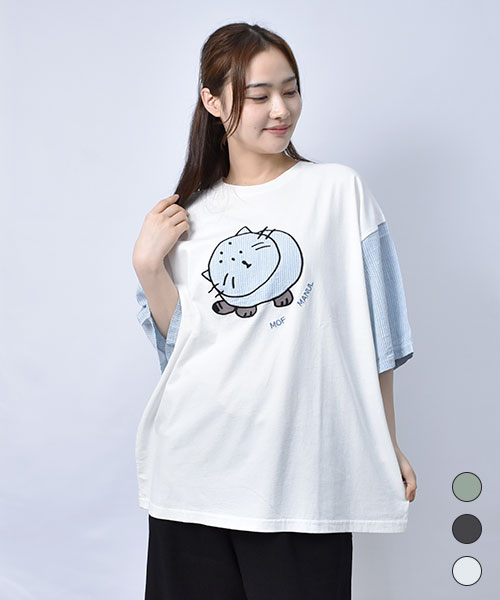 【Tシャツ】 袖配色 首かしげマヌル Tシャツ