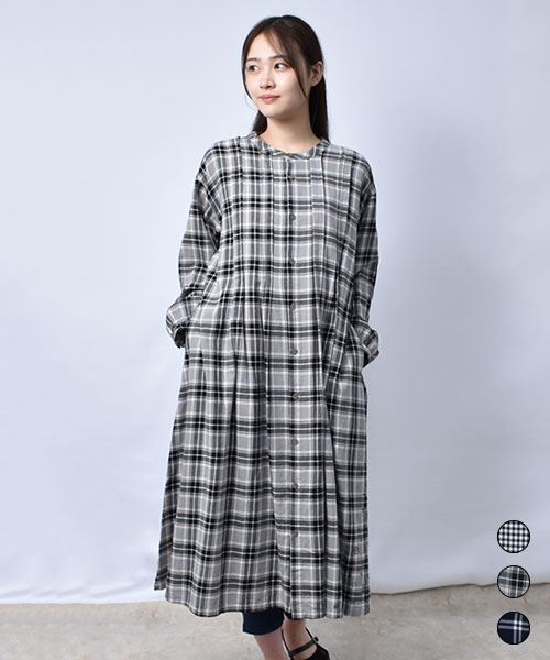 【ワンピース】 フロントタック チェック シャツワンピース