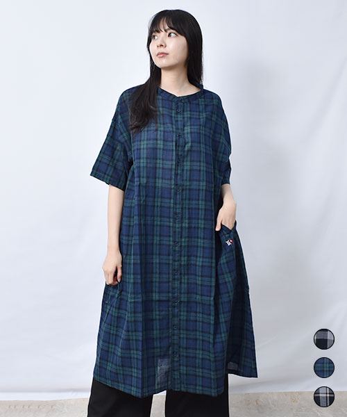【ワンピース】 チェック 立衿 ワンピース