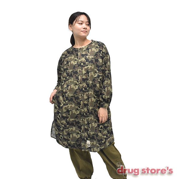 drug store's 迷彩柄 襟なし ゆったり ロングシャツ ワンピース
