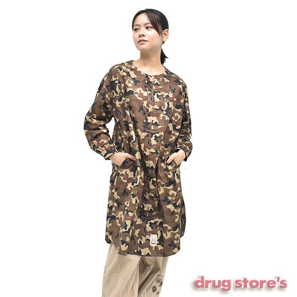 drug store's 迷彩柄 襟なし ゆったり ロングシャツ ワンピース